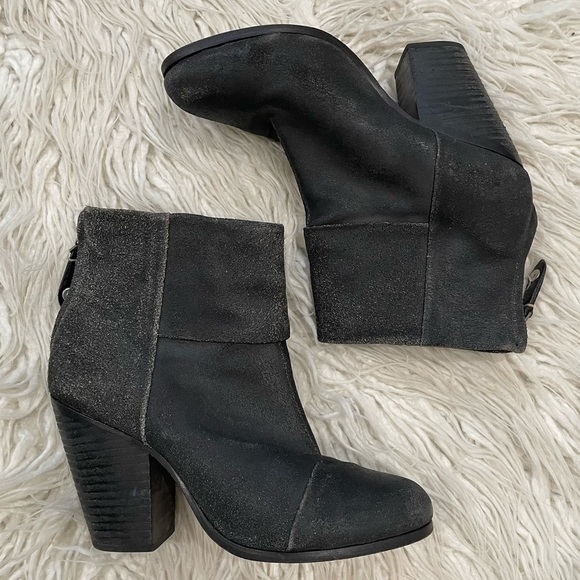 RAG & BONE Black Coated Waxy Newbury Suede Heeled Ankle Boots EUC Size 37.5 - Picture 1 of 7